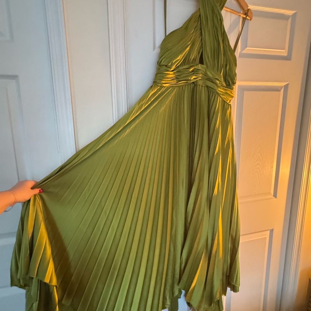 Mac Duggal Chartreuse Green Pleated Halter Dress